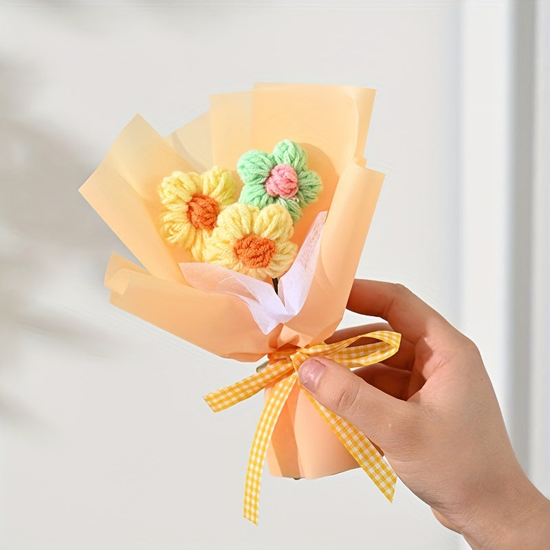 1pc Charming Mini Knitted Flower Bouquet with Heart-Patterned Tissue Paper - Ideal for Valentine's, Mother's Day & Anniversaries | Colorful Home Decor Accent, Bouquet Accessories