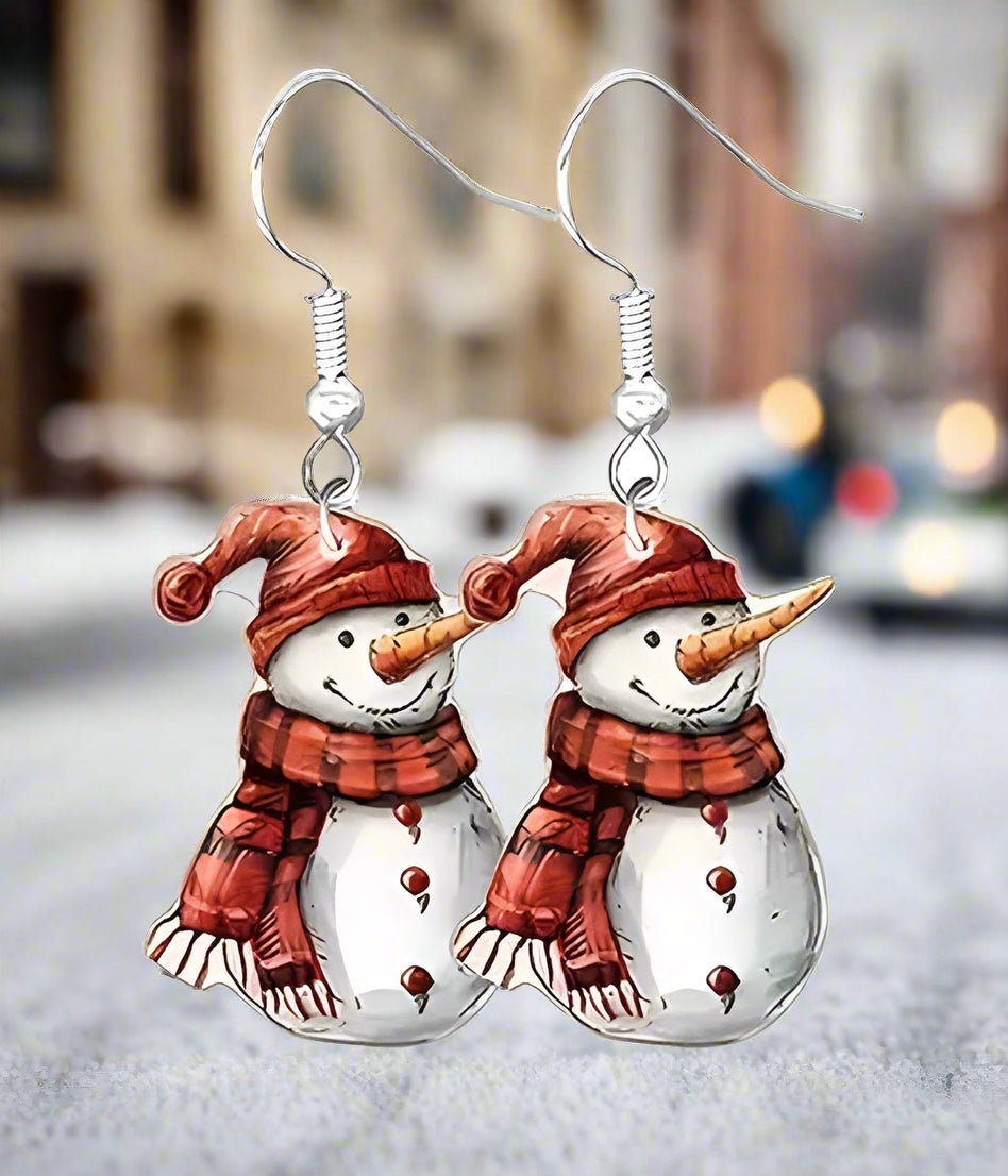 Snowman Christmas Earrings - Red Scarf