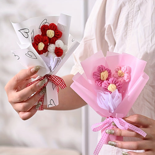 1pc Charming Mini Knitted Flower Bouquet with Heart-Patterned Tissue Paper - Ideal for Valentine's, Mother's Day & Anniversaries | Colorful Home Decor Accent, Bouquet Accessories
