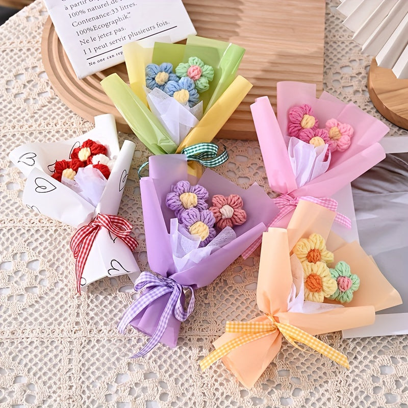 1pc Charming Mini Knitted Flower Bouquet with Heart-Patterned Tissue Paper - Ideal for Valentine's, Mother's Day & Anniversaries | Colorful Home Decor Accent, Bouquet Accessories