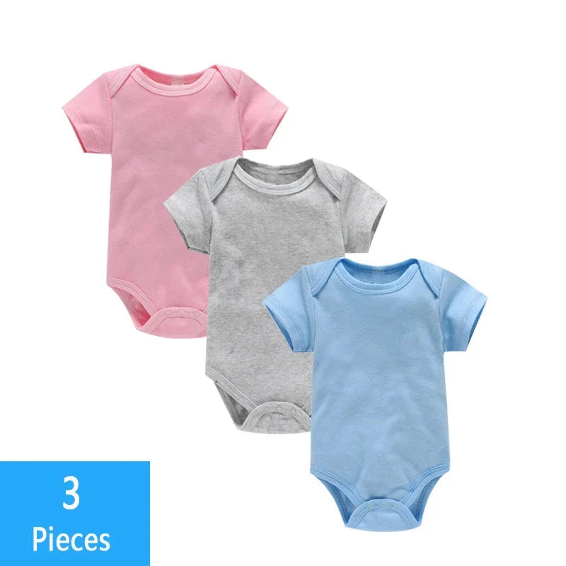 3PCS Baby Bodysuit Set (0–12M) – Soft Cotton Solid Color Summer Rompers for Boys & Girls