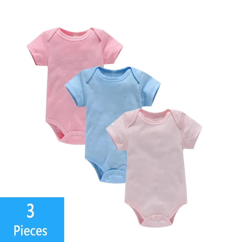 3PCS Baby Bodysuit Set (0–12M) – Soft Cotton Solid Color Summer Rompers for Boys & Girls