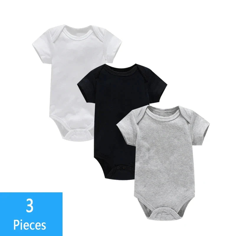 3PCS Baby Bodysuit Set (0–12M) – Soft Cotton Solid Color Summer Rompers for Boys & Girls