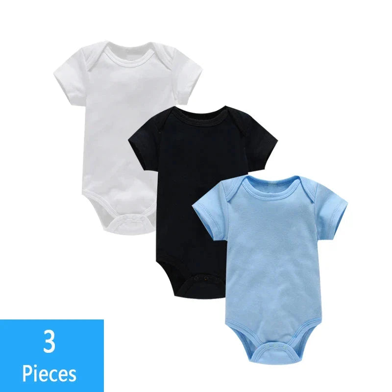 3PCS Baby Bodysuit Set (0–12M) – Soft Cotton Solid Color Summer Rompers for Boys & Girls