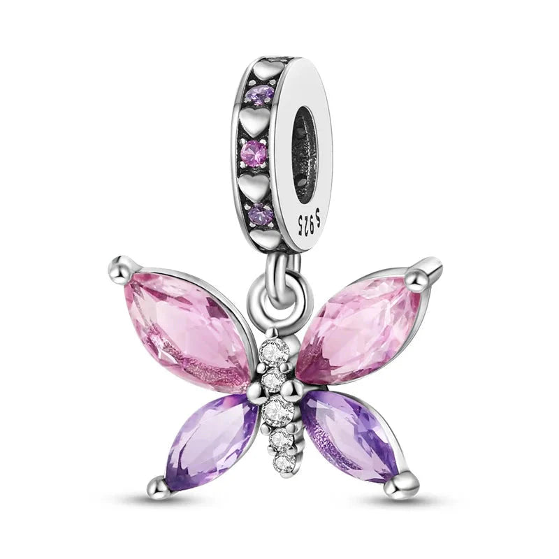 Original 925 Sterling Silver Colorful Butterfly Charms Beads - Fit S925 Bracelet & Necklace, Zircon Accents, Fine DIY Birthday Jewelry Pendant