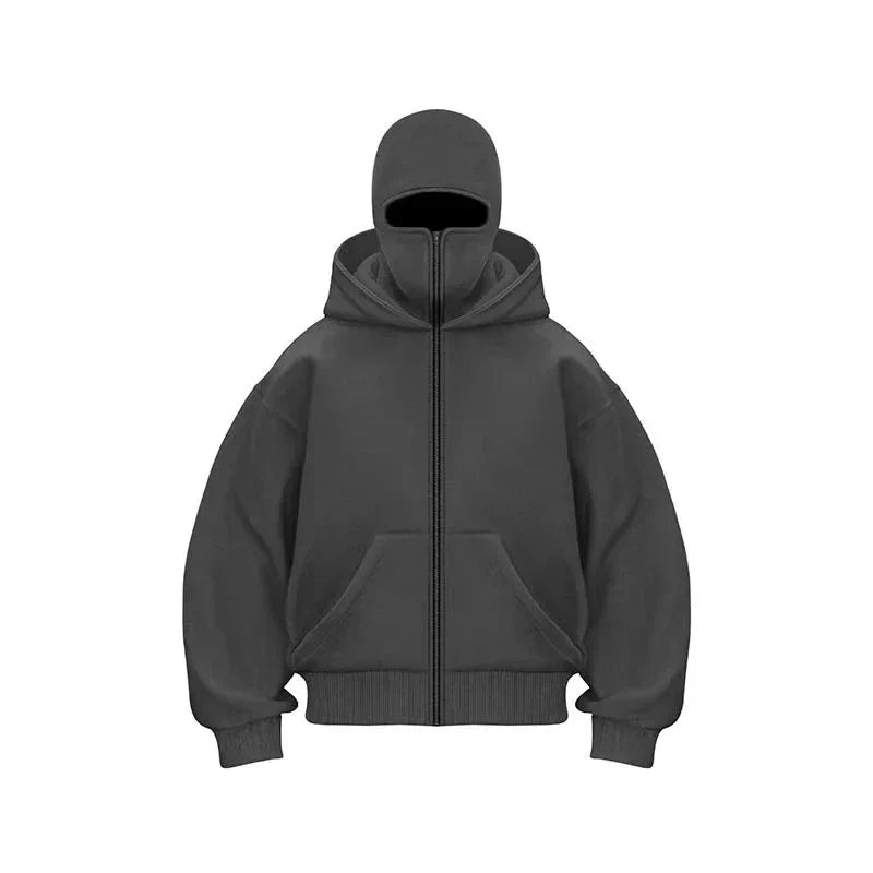 Men’s & Women’s Sports Hoodie with Built-In Mask – Fleece Zip-Up Plus Size Casual Sweatshirt for Autumn & Winter