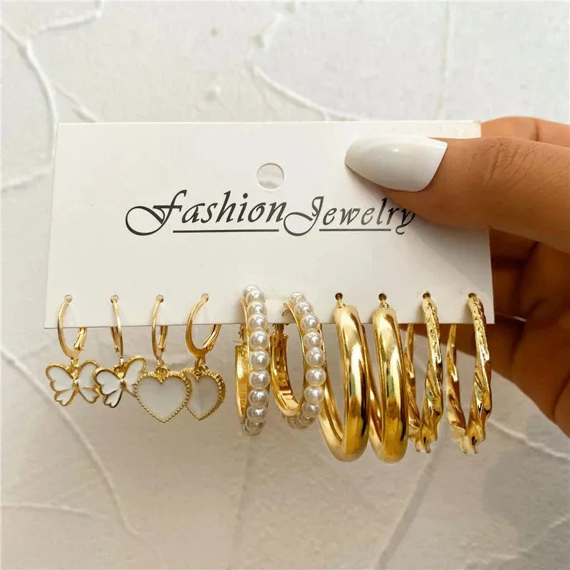 Gold Butterfly & Heart Dangle Earrings Set – Acrylic Drop Jewelry for Women