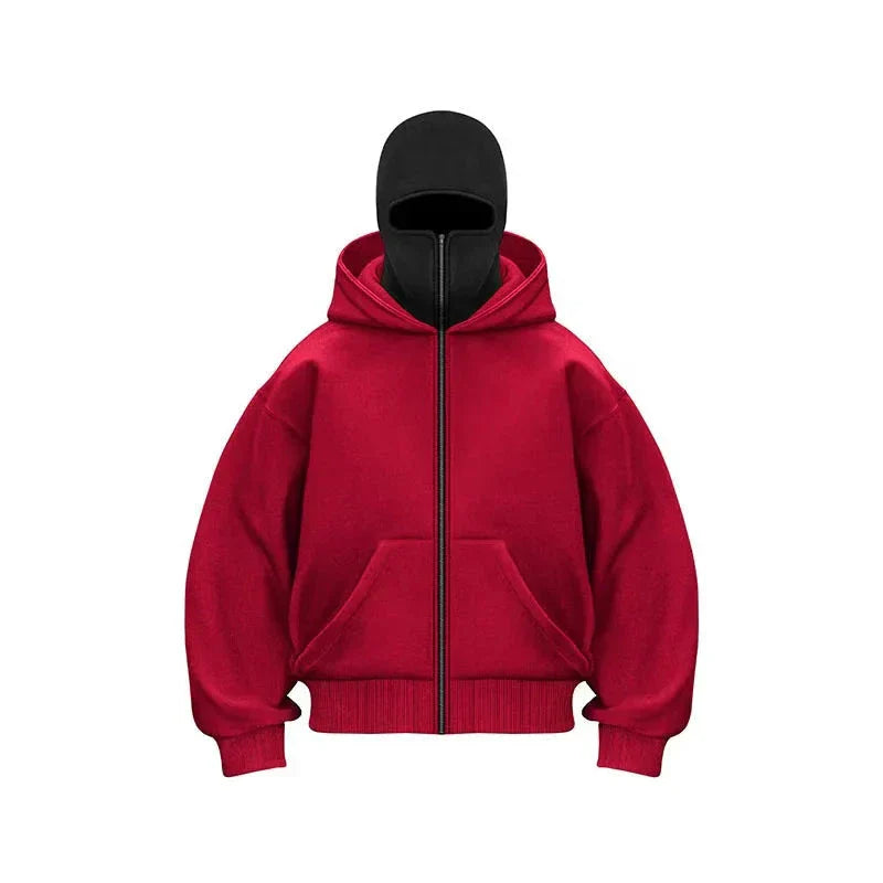 Men’s & Women’s Sports Hoodie with Built-In Mask – Fleece Zip-Up Plus Size Casual Sweatshirt for Autumn & Winter
