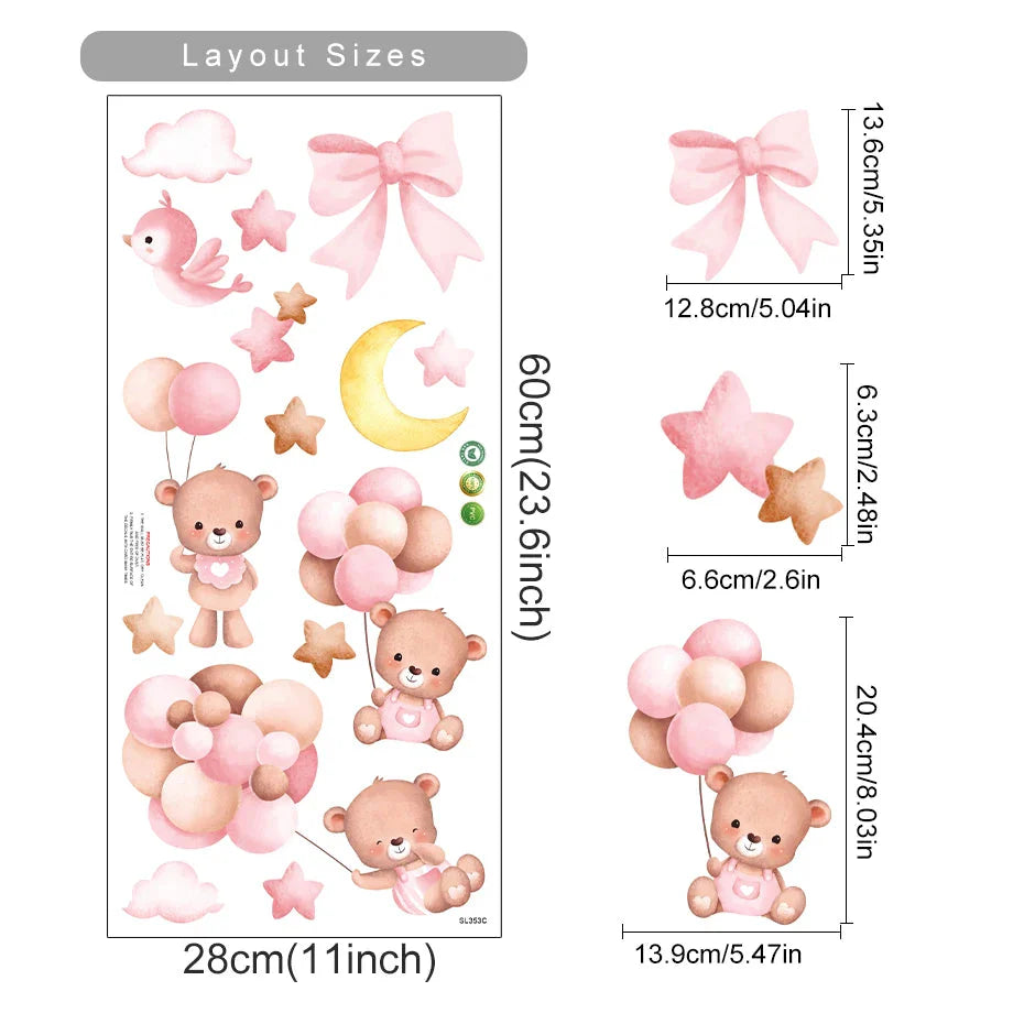 Pink Cartoon Bear Wall Stickers for Kids & Nursery Room Decor