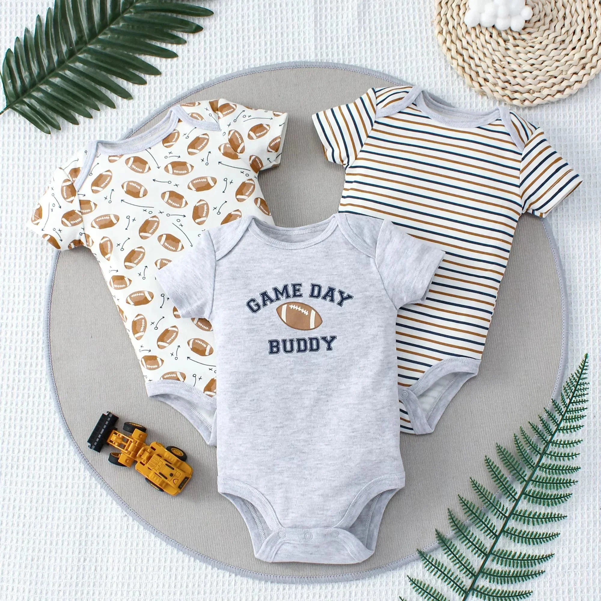 3PCS Baby Bodysuit Set for Boys | Summer Short Sleeve Cotton Romper with Cartoon Dinosaur & Stripe Designs