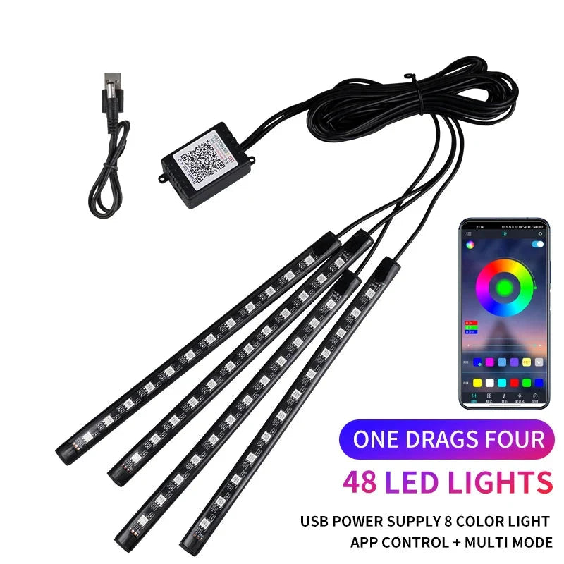 Neon LED Car Interior Ambient Light Kit – RGB Foot Strip Lighting with APP & Remote Control, Music Sync Car Decor Lamp