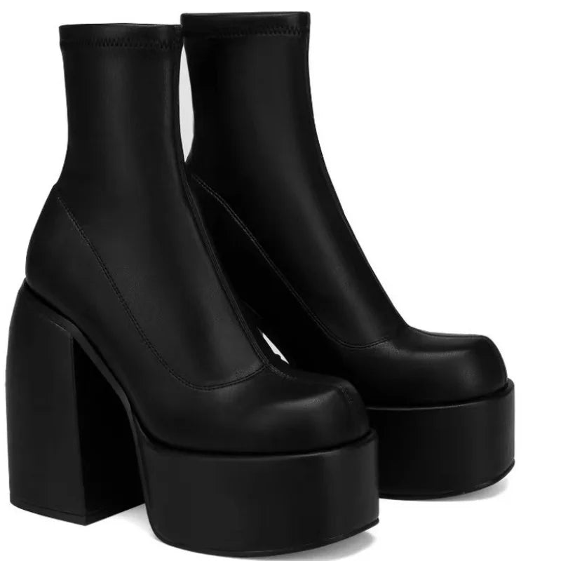 Women New Fashion Short Boots Women Sexy Leather Boot Square toe casual Zipper high heels Casual thick soled women shoes Zapatos