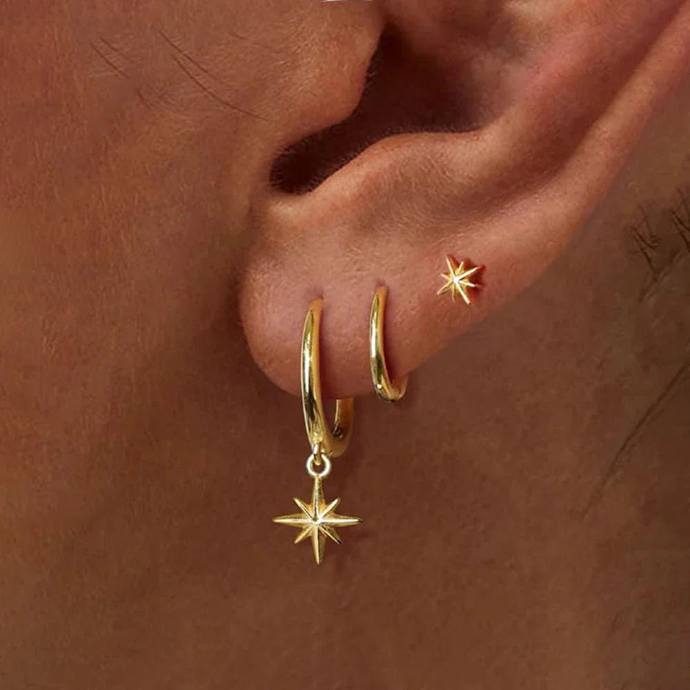 3-Piece Star Drop Earrings Set – 18K Gold Stainless Steel Dangle Jewelry