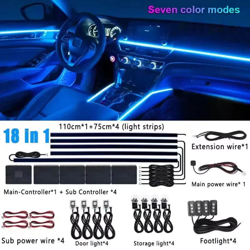 Universal 18-in-1 RGB Car Ambient Light Kit - Full Color App-Controlled Neon Strips
