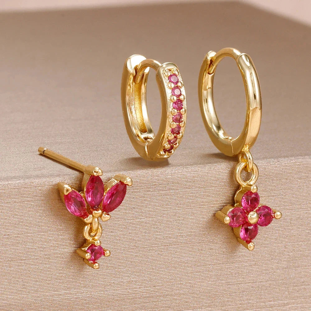 3PCS Zircon Flower Dangle Earrings – Orange & Blue Stainless Steel Set
