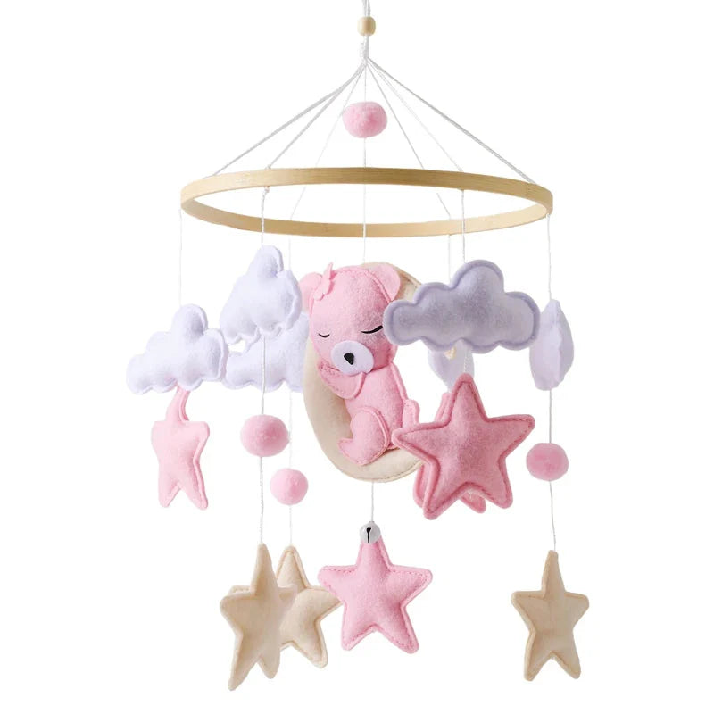Crib Mobile Rattle Wooden Baby Bell with Felt Cartoon Bear Toys