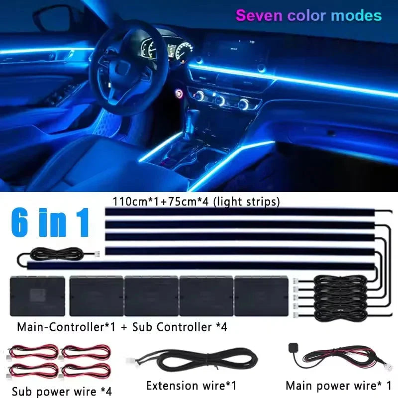 Universal 18-in-1 RGB Car Ambient Light Kit - Full Color App-Controlled Neon Strips