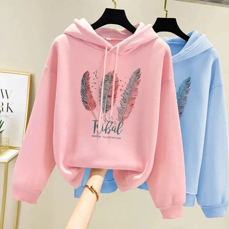 Women’s Feather Print Hoodie – Plus Velvet Loose Sweatshirt for Autumn & Winter Casual Wear