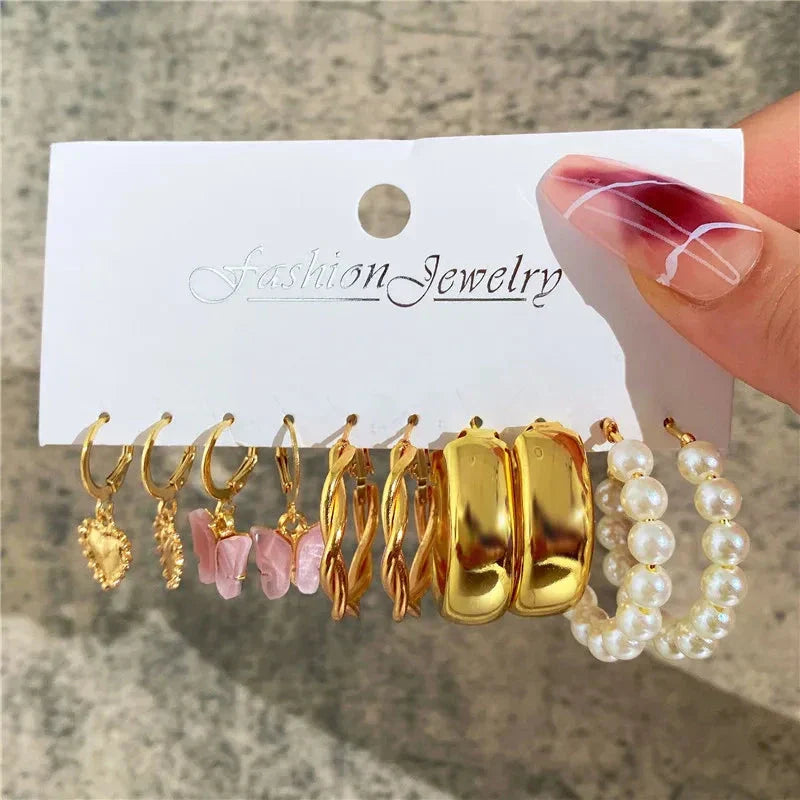 Gold Butterfly & Heart Dangle Earrings Set – Acrylic Drop Jewelry for Women