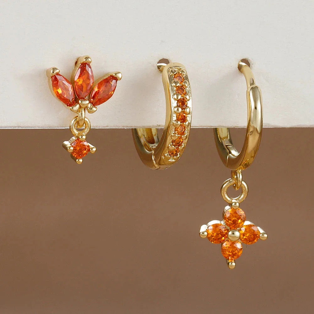 3PCS Zircon Flower Dangle Earrings – Orange & Blue Stainless Steel Set