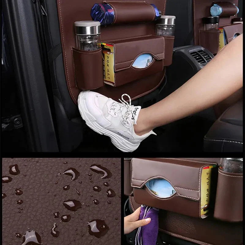 Car Seat Back Organizer with Foldable Table Tray – PU Leather Storage