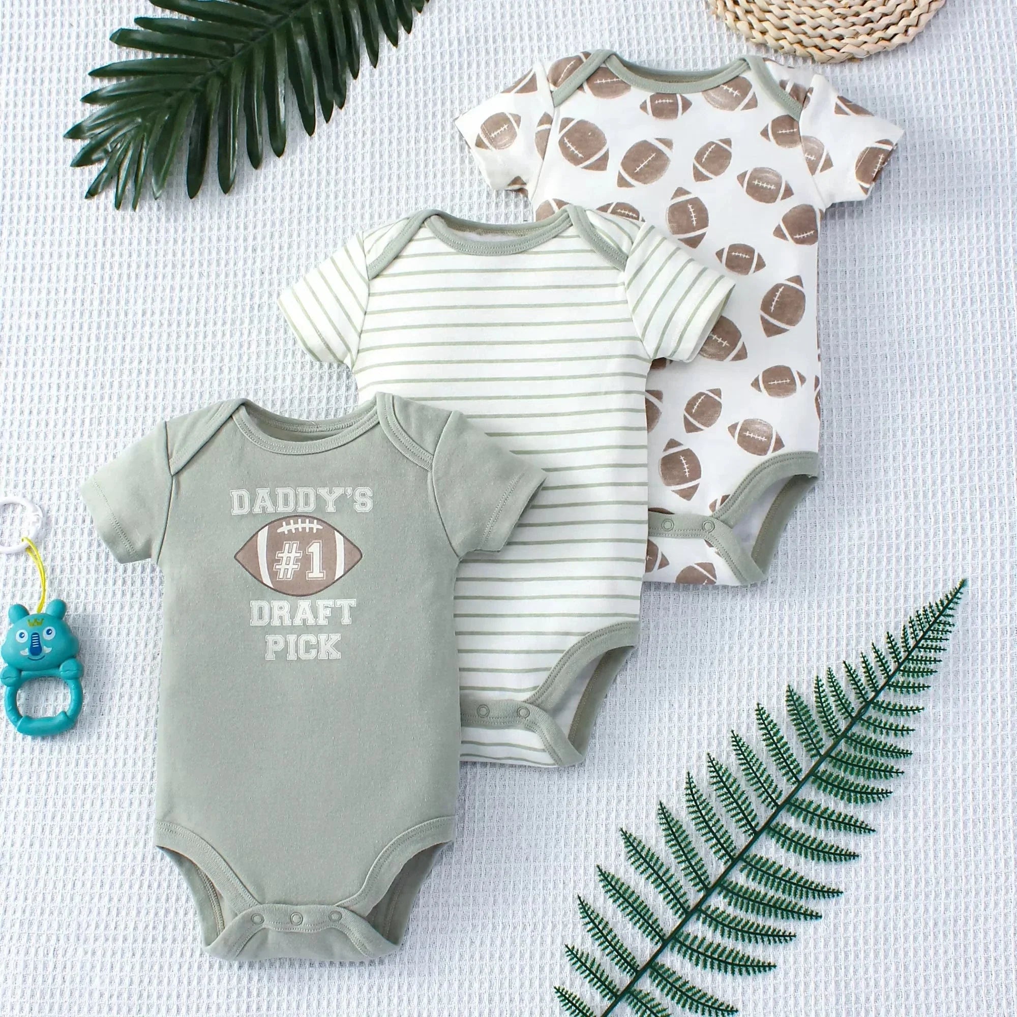 3PCS Baby Bodysuit Set for Boys | Summer Short Sleeve Cotton Romper with Cartoon Dinosaur & Stripe Designs