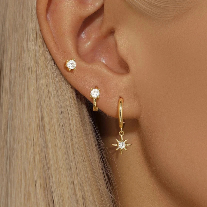 3-Piece Star Drop Earrings Set – 18K Gold Stainless Steel Dangle Jewelry