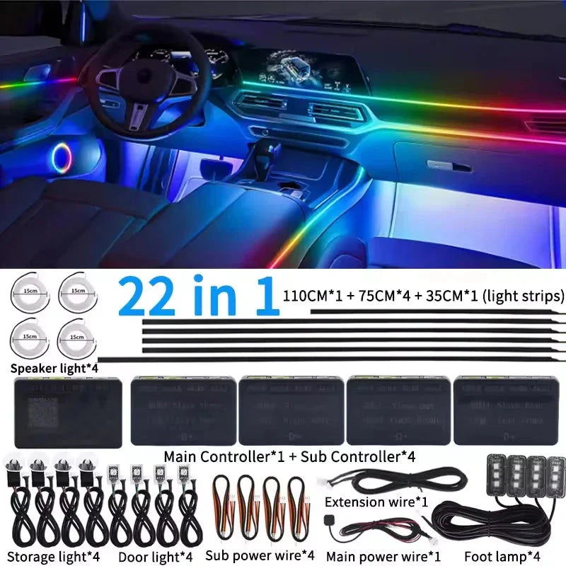 Universal 18-in-1 RGB Car Ambient Light Kit - Full Color App-Controlled Neon Strips