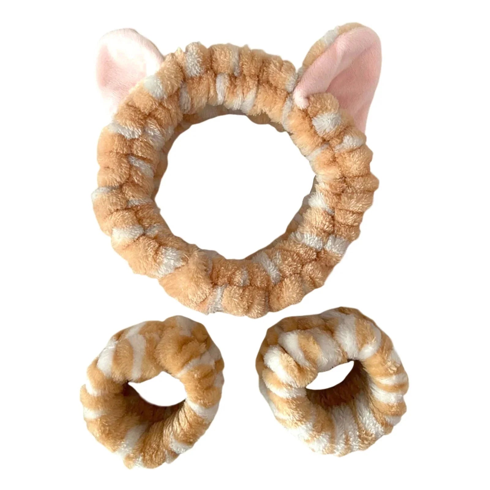 3pcs Wash Face Headband Soft Comfortable Plush Headband Wrist Strap Set For Girls Cartoon Cat Ear Shaped Wash Up Headband Kit