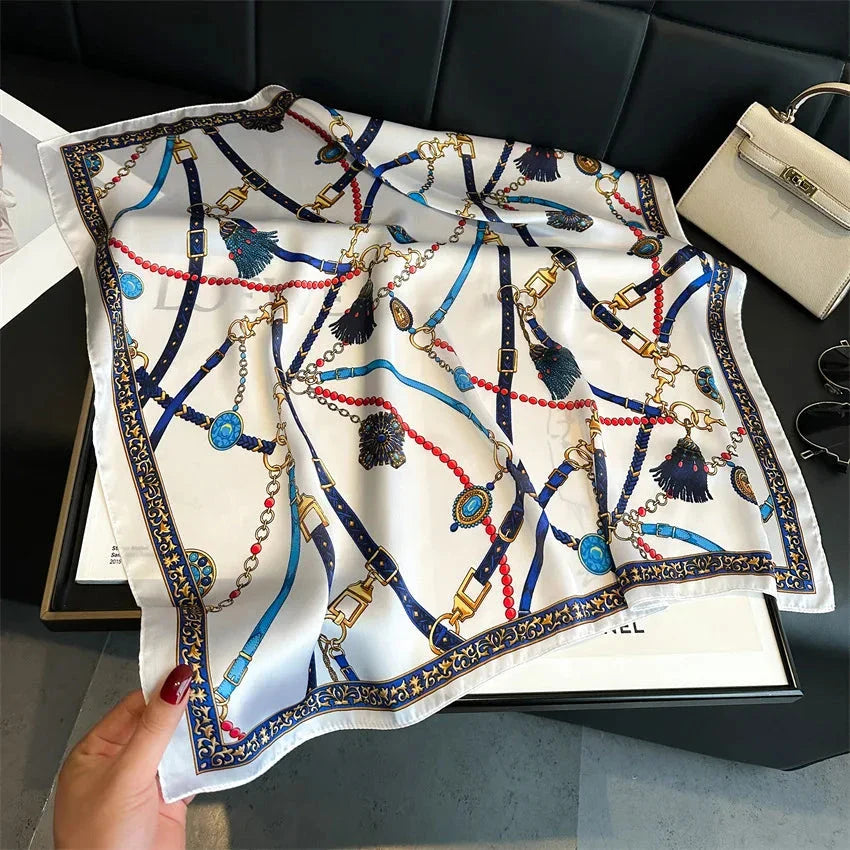 Four Seasons Print Silk Scarf – 70x70cm Luxury Headband & Shawl
