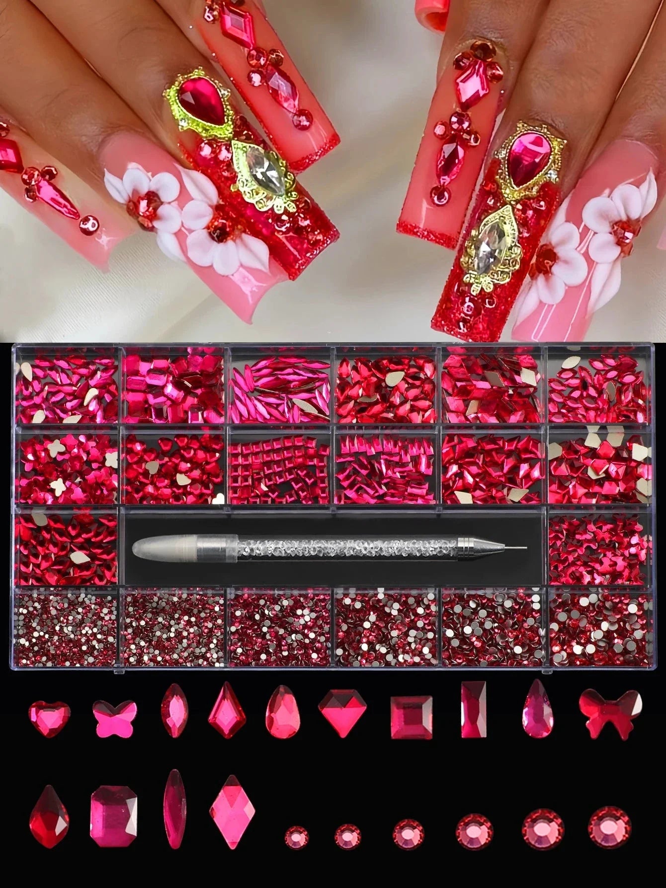 21 Grid Nail Art Rhinestone Set - Multi-Style Flat Bottom Glass Diamonds