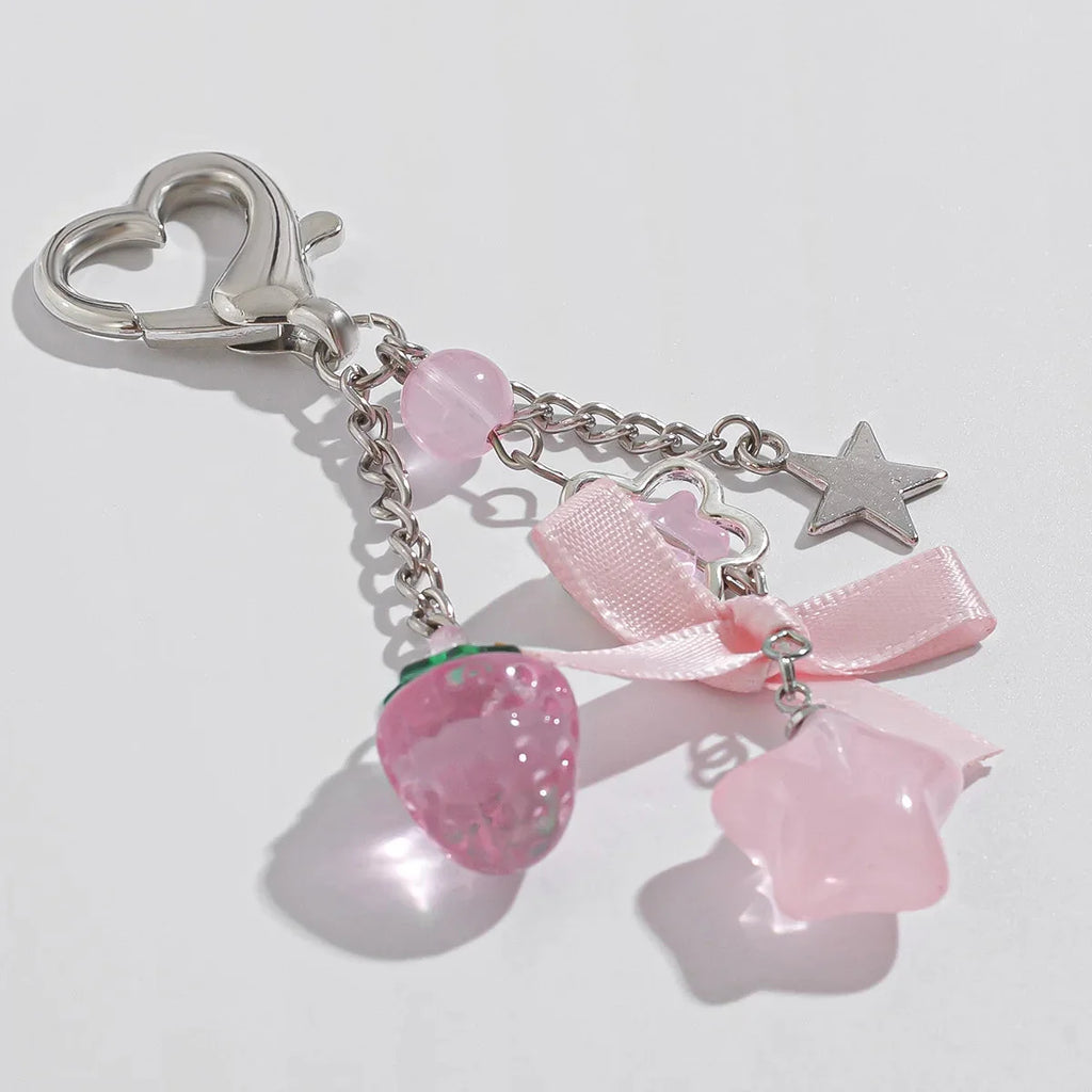 Y2K Fashion Flower Star Love Bow Strawberry Pendant Acrylic Keychain Student Women's Bag Backpack Pants Chain Accessories