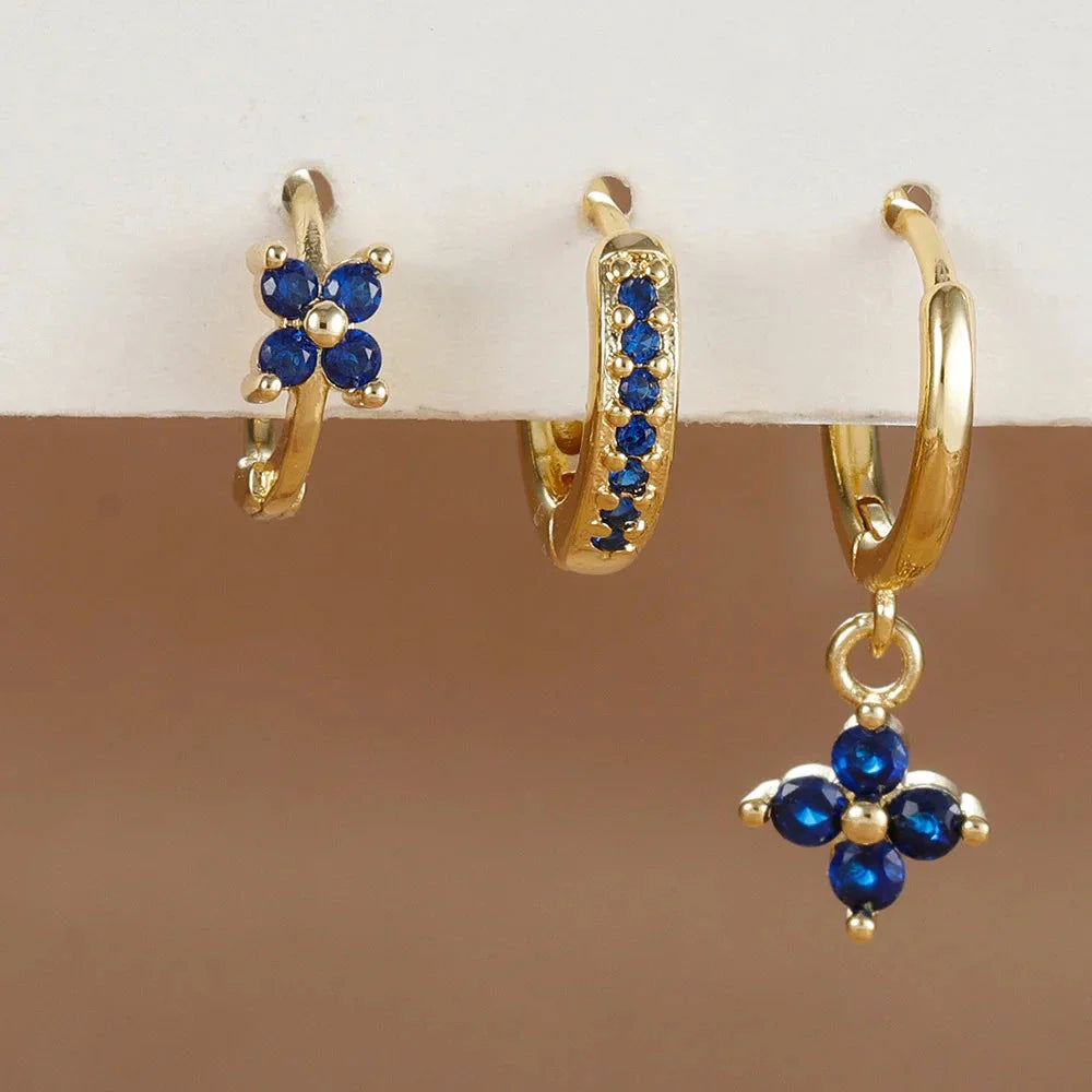 3PCS Zircon Flower Dangle Earrings – Orange & Blue Stainless Steel Set
