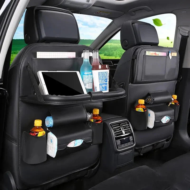 Car Seat Back Organizer with Foldable Table Tray – PU Leather Storage