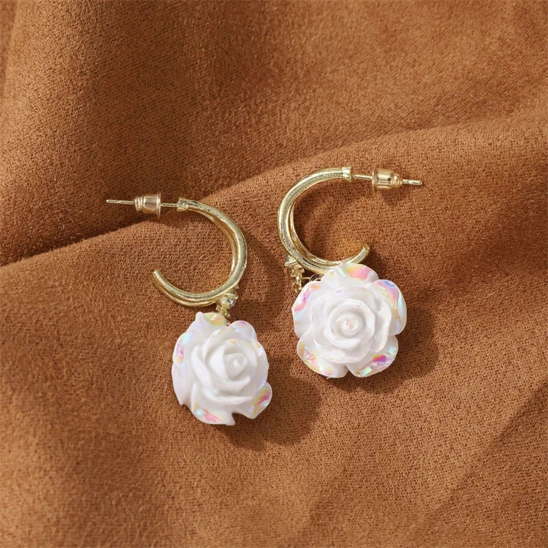 White Flower & Butterfly Dangle Earrings – Acrylic Pearl Heart Jewelry
