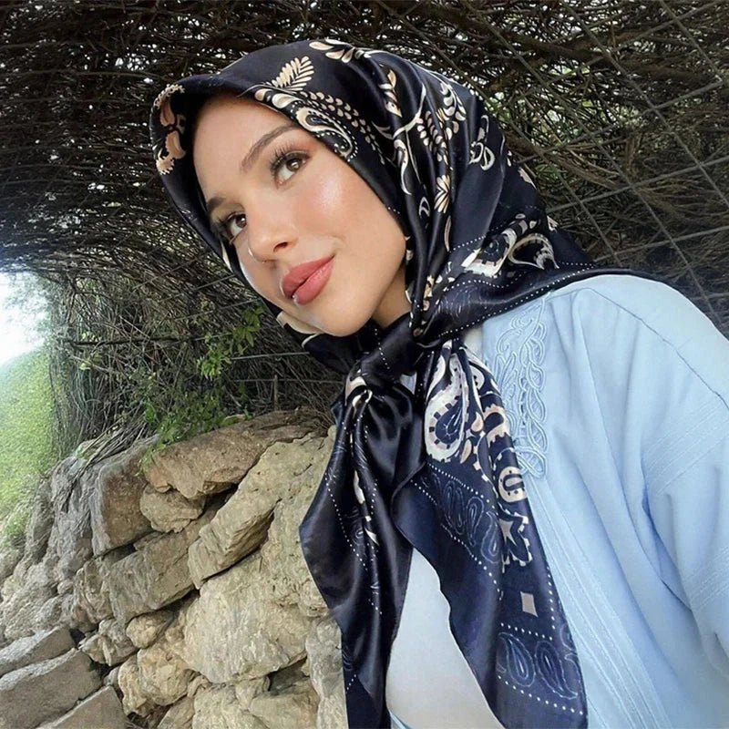 Satin Square Scarf – Elegant 2025 Print Hijab, Shawl & Hair Wrap