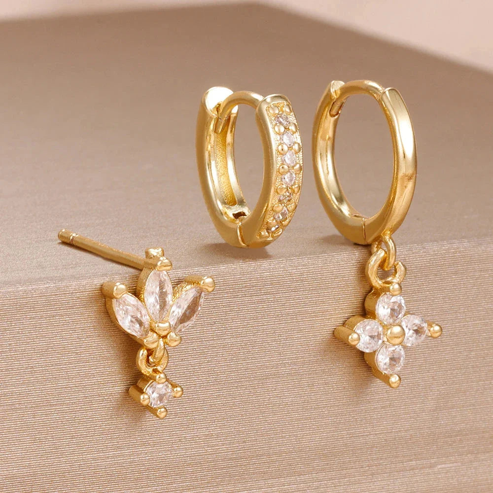 3PCS Zircon Flower Dangle Earrings – Orange & Blue Stainless Steel Set