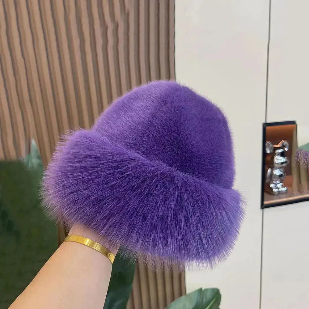 New Fluffy Fur Women's Winter Hat Winter Snow Ski Cap Female Faux Fur Thick Warm Windproof Hat Russian Hat Mink Fisherman's Hat