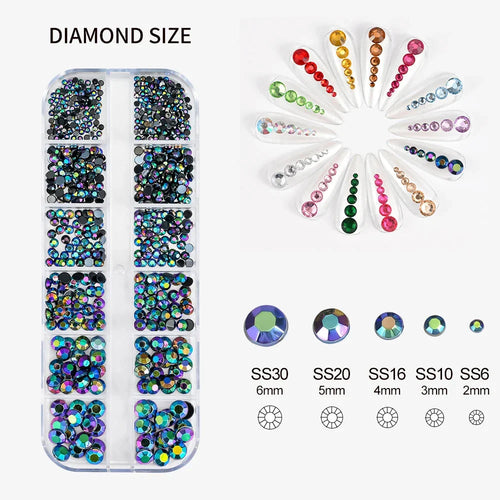 12 Grids Mixed Nail Rhinestones - SS6-SS30 Flat-Back Glass Gems for Nail Art