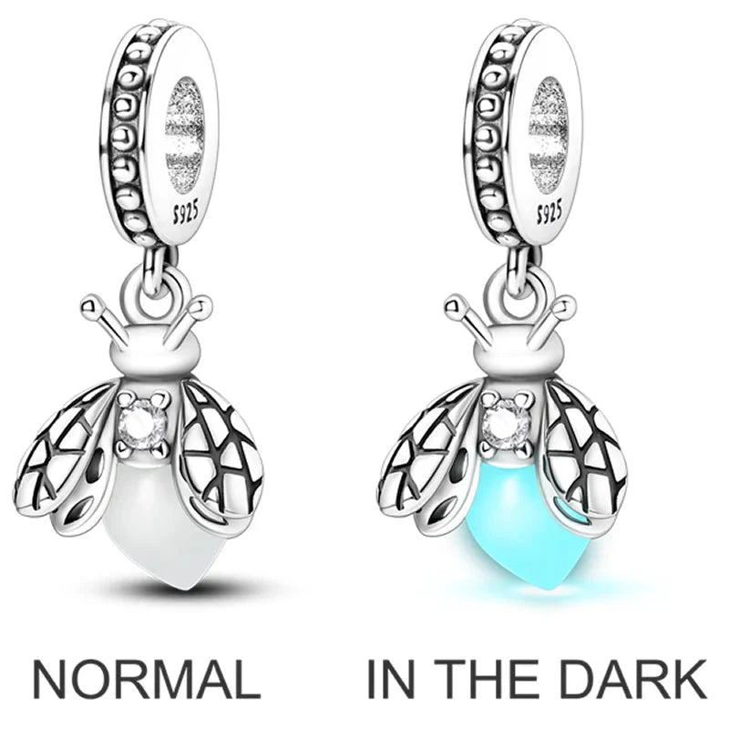 925 Sterling Silver Pink Butterfly & Luminous Firefly Charm – Dangle Bead for Bracelet or Necklace | Elegant DIY Jewelry Gift for Women