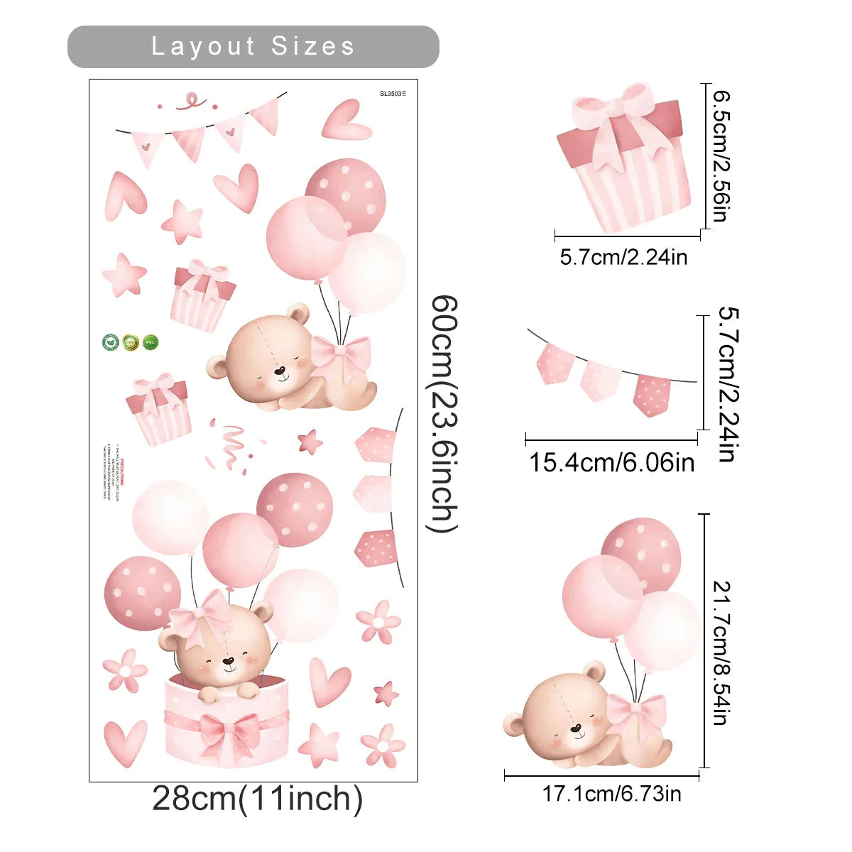 Pink Cartoon Bear Wall Stickers for Kids & Nursery Room Decor