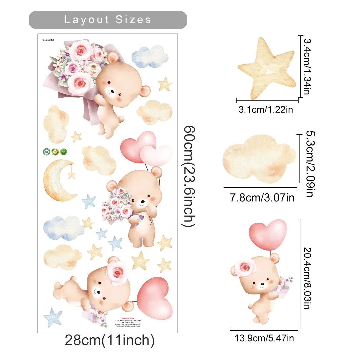 Pink Cartoon Bear Wall Stickers for Kids & Nursery Room Decor
