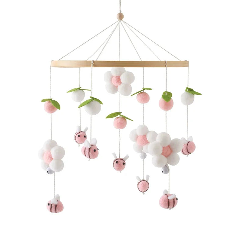 Crib Mobile Rattle Wooden Baby Bell with Felt Cartoon Bear Toys