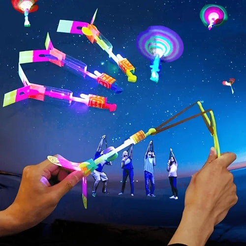 10pcs LED Light Rockets – Flying Toys with Slingshot Launchers