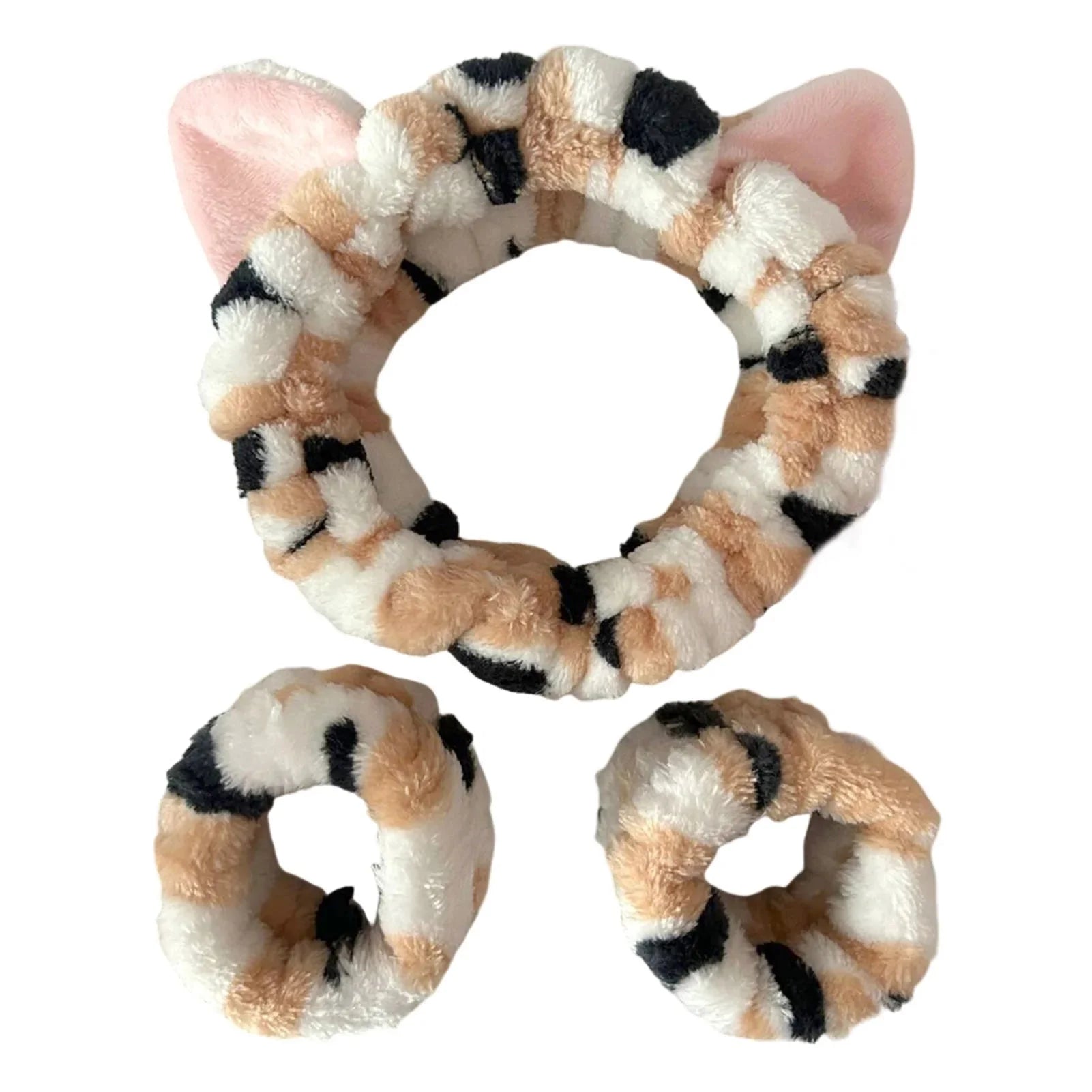 3pcs Wash Face Headband Soft Comfortable Plush Headband Wrist Strap Set For Girls Cartoon Cat Ear Shaped Wash Up Headband Kit