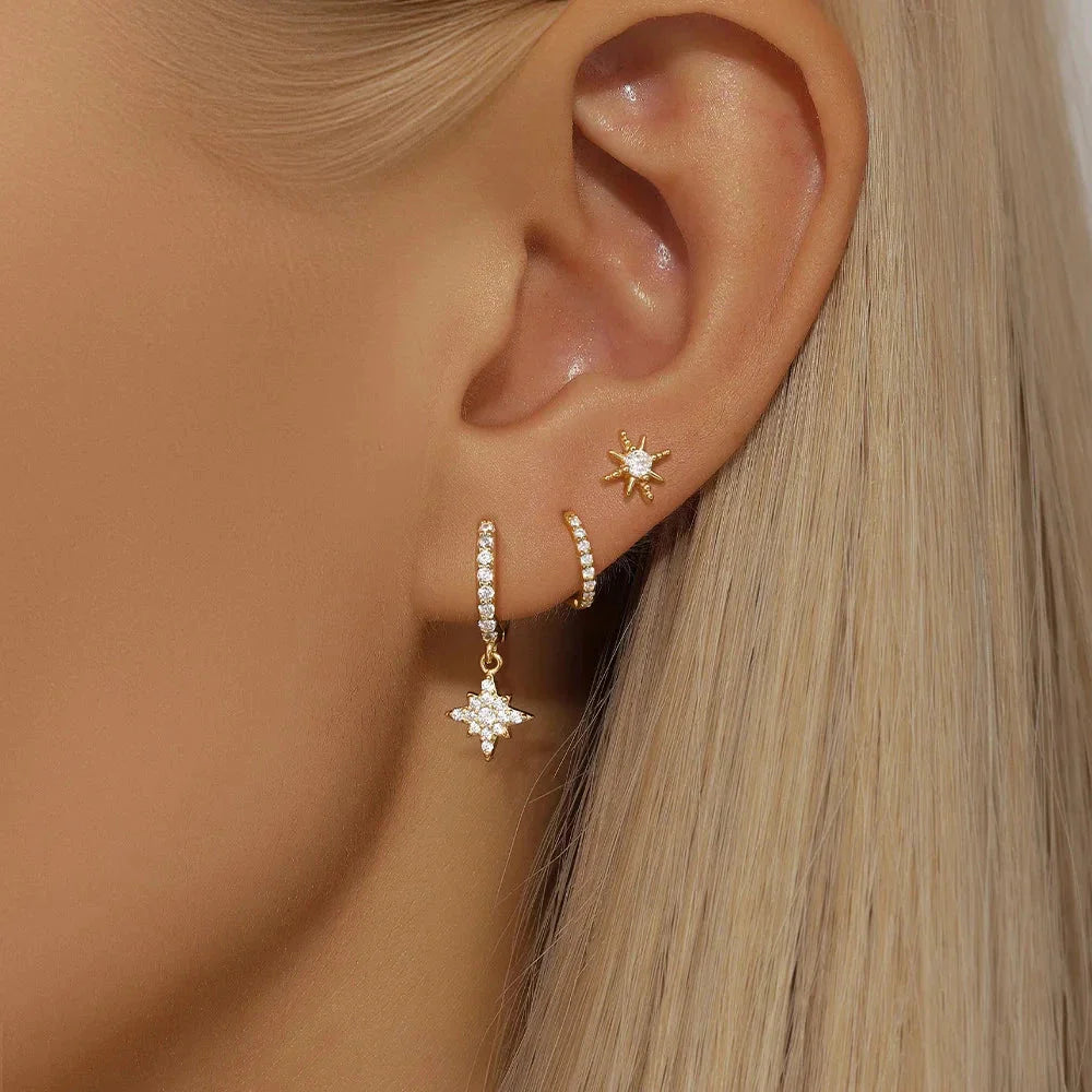 3-Piece Star Drop Earrings Set – 18K Gold Stainless Steel Dangle Jewelry