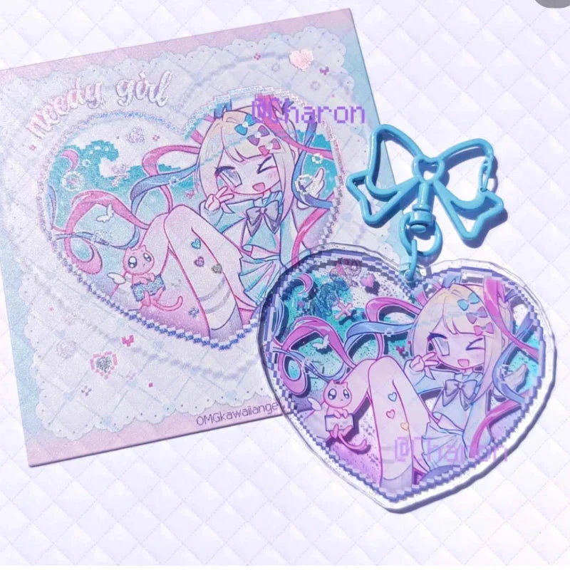 Game NEEDY GIRL OVERDOSE Rain Ame KAnge Cosplay Keychain Acrylic Heart Pendant Keyring Key Chain Bag Accessories Girls Ornament