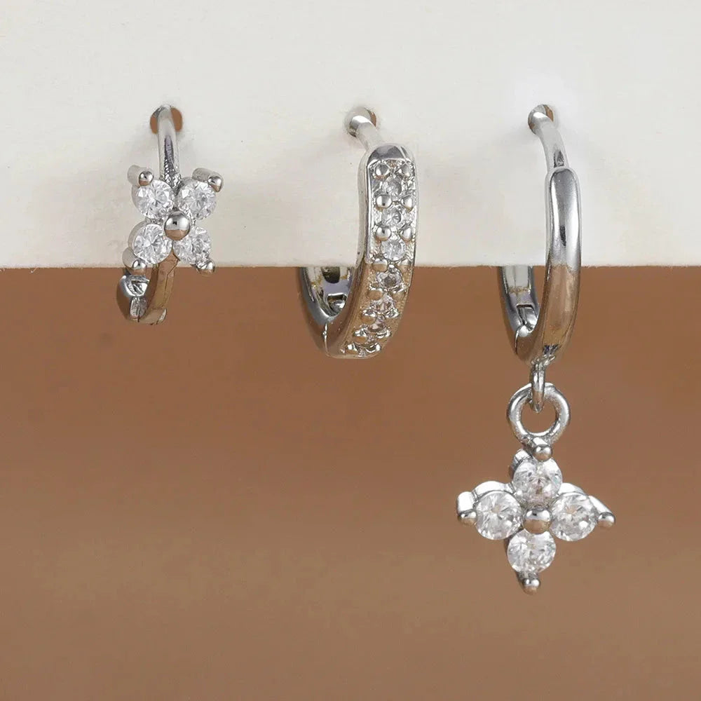 3PCS Zircon Flower Dangle Earrings – Orange & Blue Stainless Steel Set