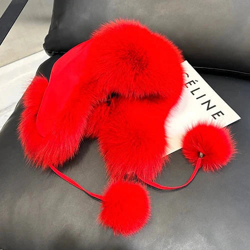 2025 100% Real Fox Fur Hats Women's Russian Ushanka Aviator Trapper Snow Skiing Hat Caps Earflap Winter Raccoon Fur Bomber Hat