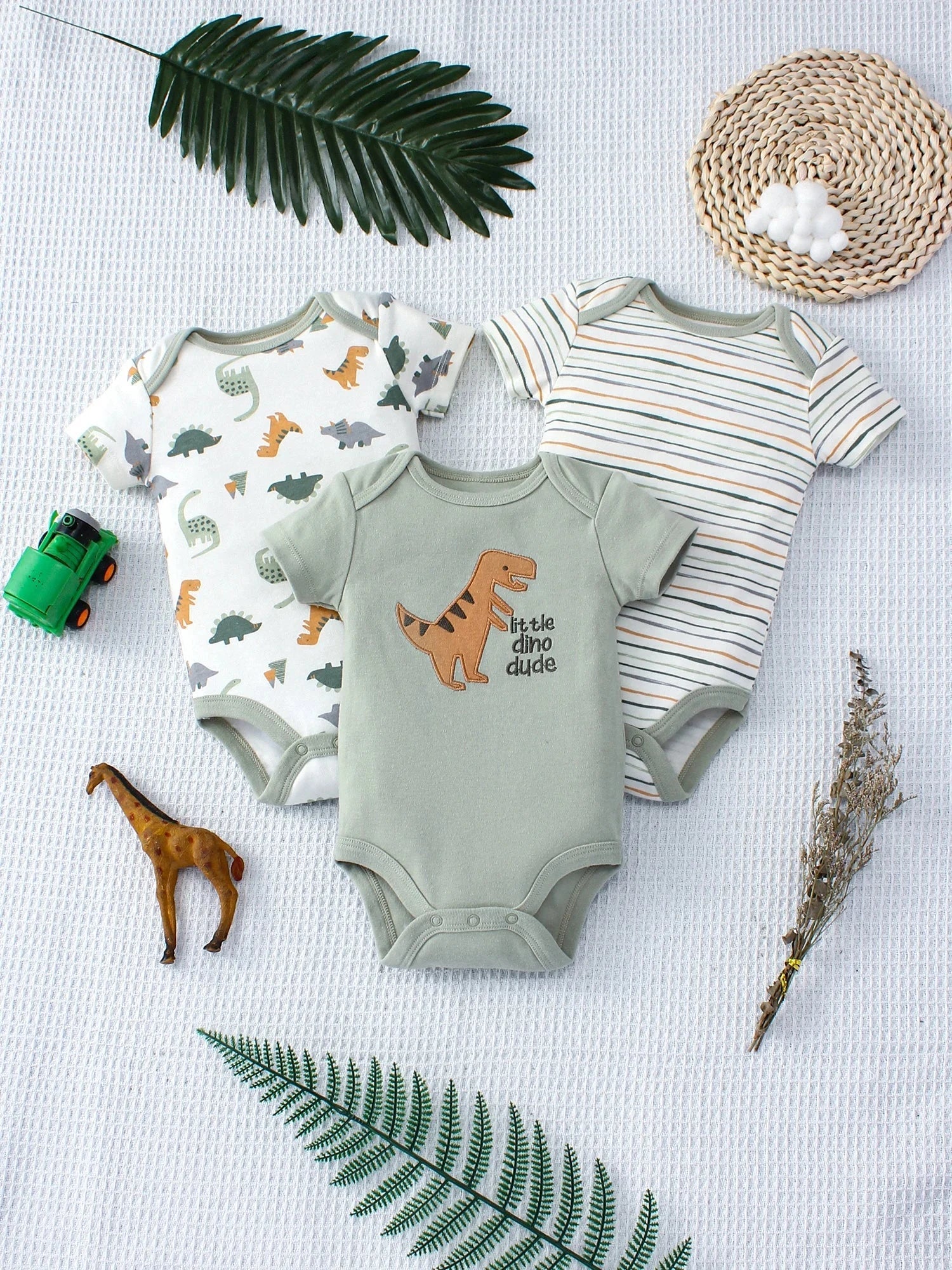 3PCS Baby Bodysuit Set for Boys | Summer Short Sleeve Cotton Romper with Cartoon Dinosaur & Stripe Designs